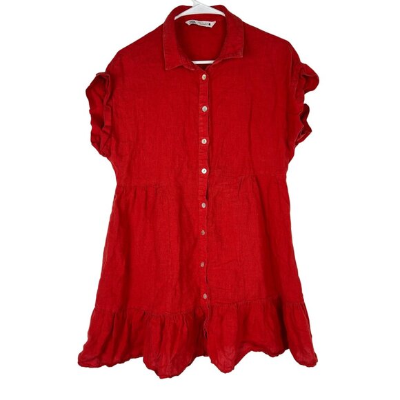 Zara Womens Small Red Tiered Button-Down Dress With Ruffle Sleeves 100% Linen - Picture 1 of 9